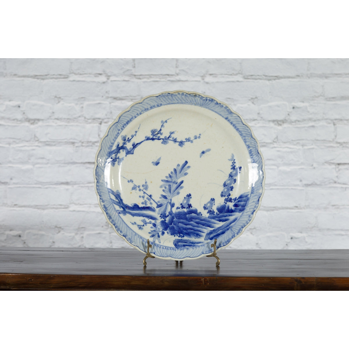 Japanese Blue and White Hand-Painted Porcelain Charger Plate with Foliage Décor-12. Asian & Chinese Furniture, Art, Antiques, Vintage Home Décor for sale at FEA Home