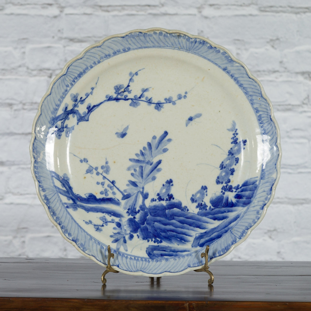 Japanese Blue and White Hand-Painted Porcelain Charger Plate with Foliage Décor-14. Asian & Chinese Furniture, Art, Antiques, Vintage Home Décor for sale at FEA Home