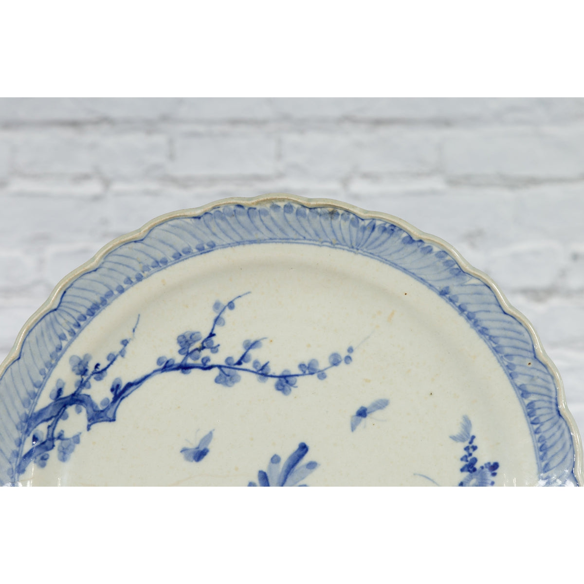 Japanese Blue and White Hand-Painted Porcelain Charger Plate with Foliage Décor-15. Asian & Chinese Furniture, Art, Antiques, Vintage Home Décor for sale at FEA Home
