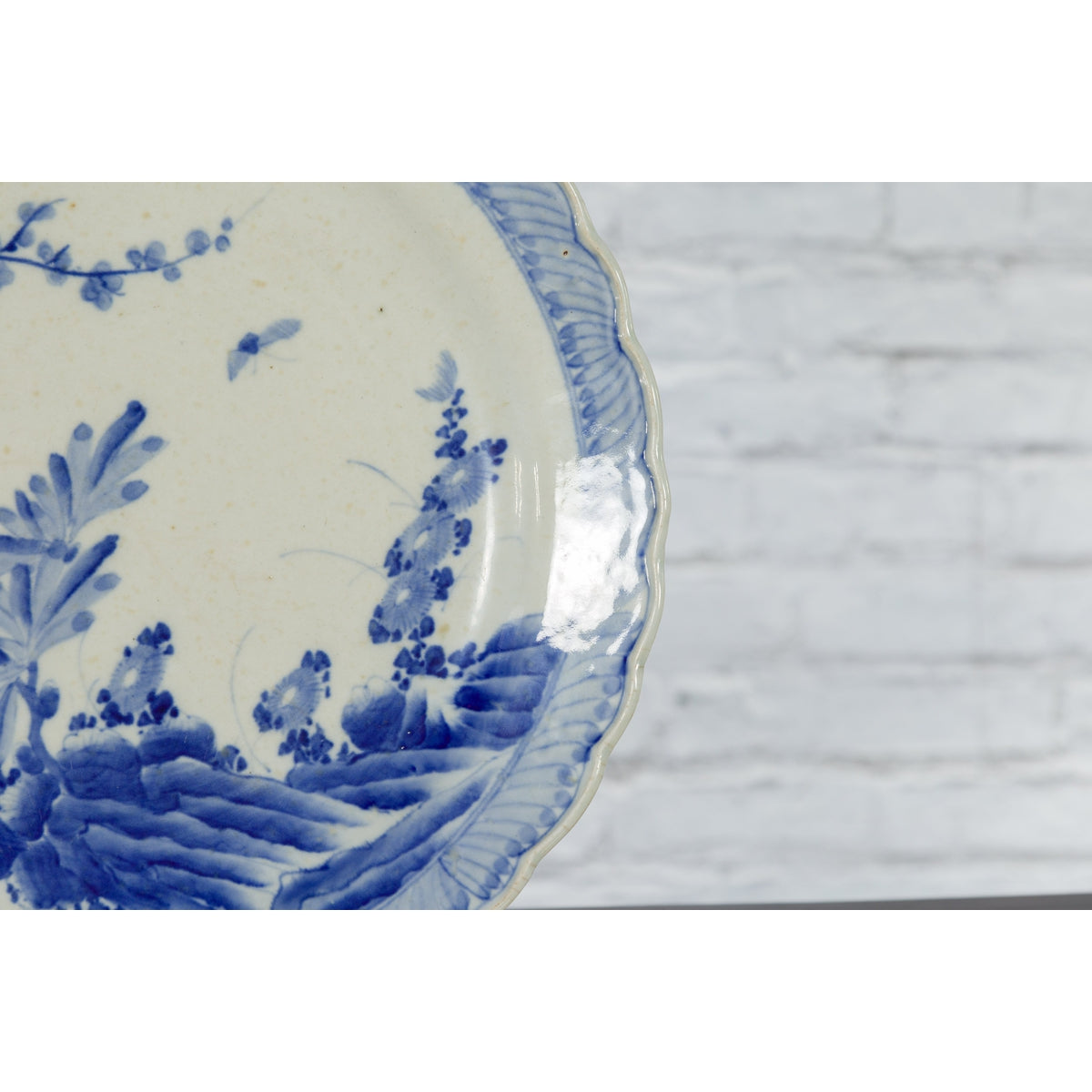 Japanese Blue and White Hand-Painted Porcelain Charger Plate with Foliage Décor-16. Asian & Chinese Furniture, Art, Antiques, Vintage Home Décor for sale at FEA Home