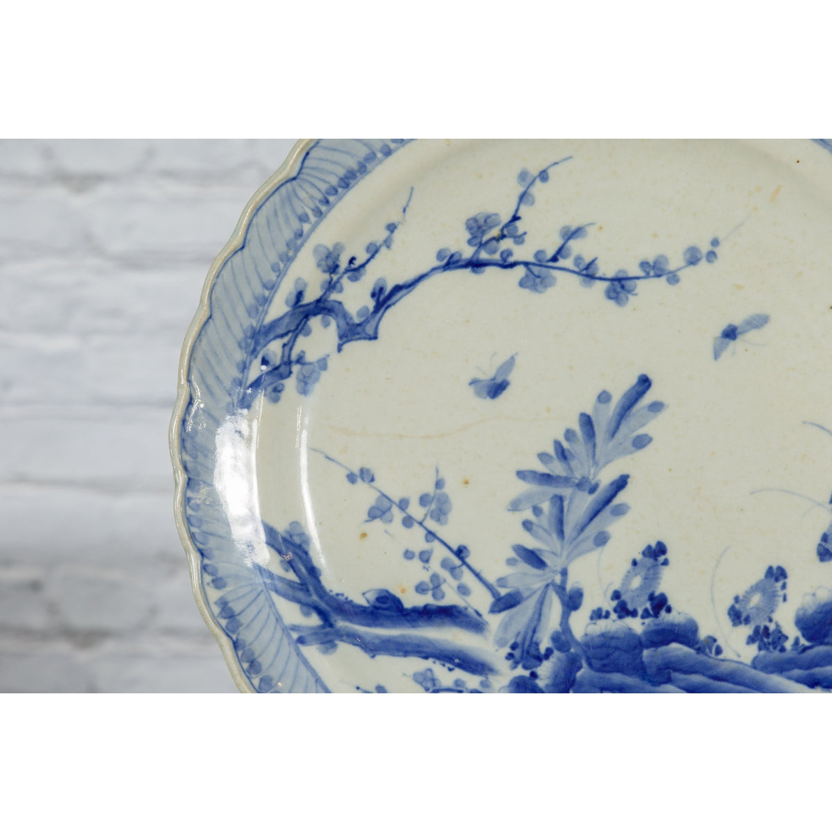 Japanese Blue and White Hand-Painted Porcelain Charger Plate with Foliage Décor-18. Asian & Chinese Furniture, Art, Antiques, Vintage Home Décor for sale at FEA Home