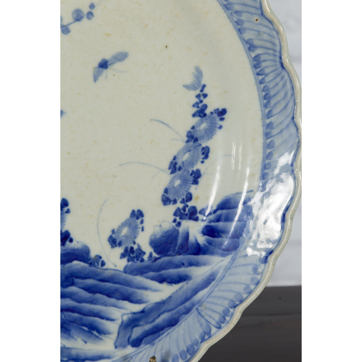 Japanese Blue and White Hand-Painted Porcelain Charger Plate with Foliage Décor-3. Asian & Chinese Furniture, Art, Antiques, Vintage Home Décor for sale at FEA Home