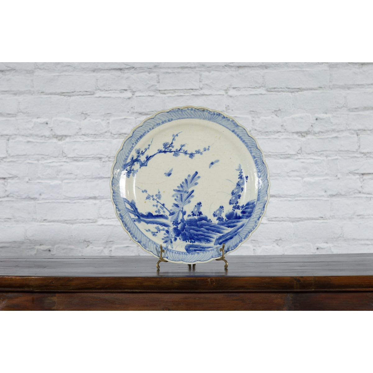 Japanese Blue and White Hand-Painted Porcelain Charger Plate with Foliage Décor-9. Asian & Chinese Furniture, Art, Antiques, Vintage Home Décor for sale at FEA Home