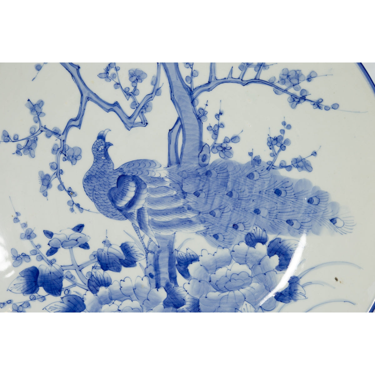 Japanese Blue and White Hand-Painted Porcelain Charger Plate with Peacock Bird-10. Asian & Chinese Furniture, Art, Antiques, Vintage Home Décor for sale at FEA Home