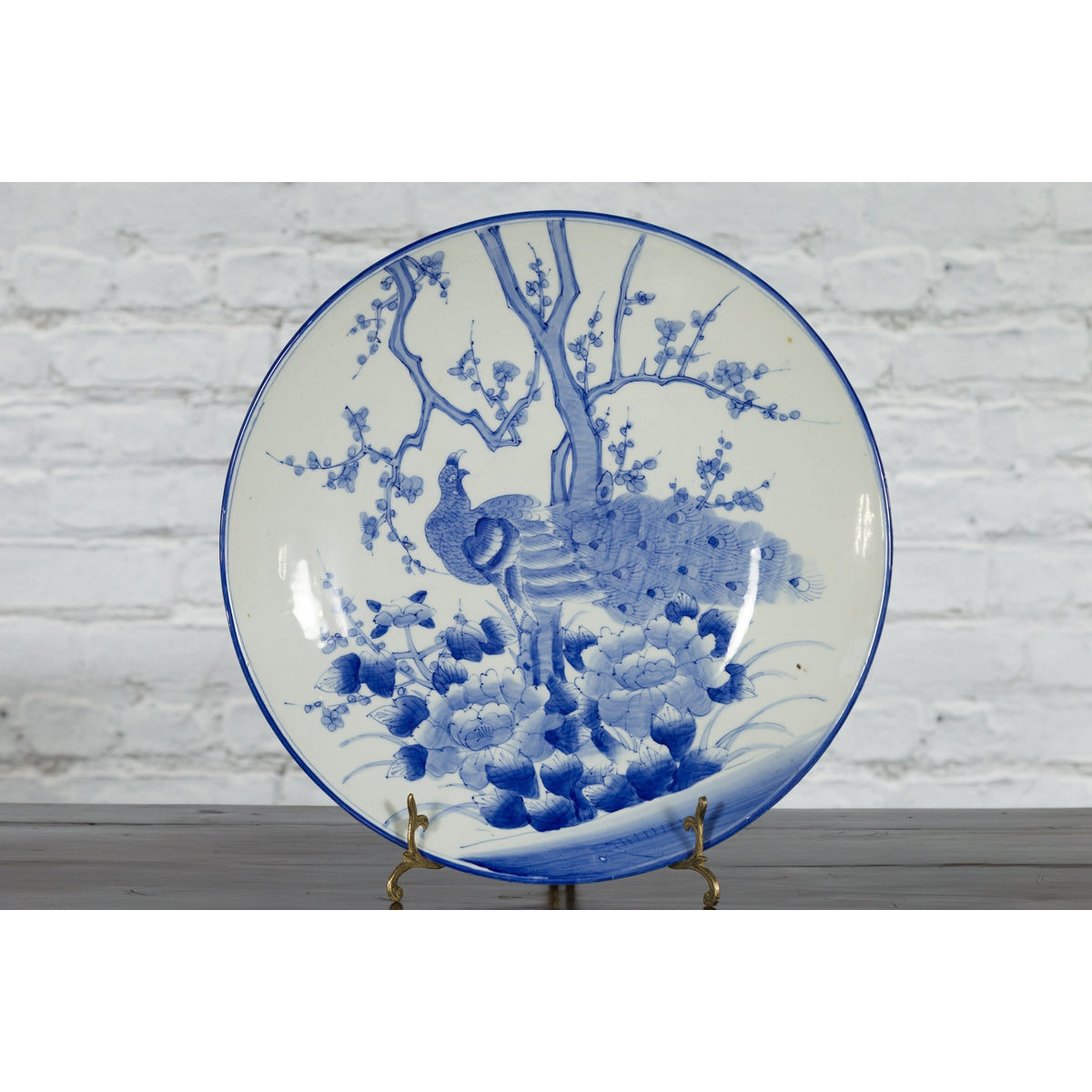 Japanese Blue and White Hand-Painted Porcelain Charger Plate with Peacock Bird-12. Asian & Chinese Furniture, Art, Antiques, Vintage Home Décor for sale at FEA Home