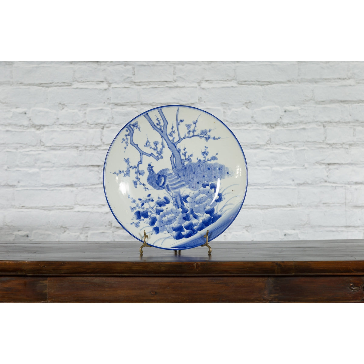 Japanese Blue and White Hand-Painted Porcelain Charger Plate with Peacock Bird-3. Asian & Chinese Furniture, Art, Antiques, Vintage Home Décor for sale at FEA Home