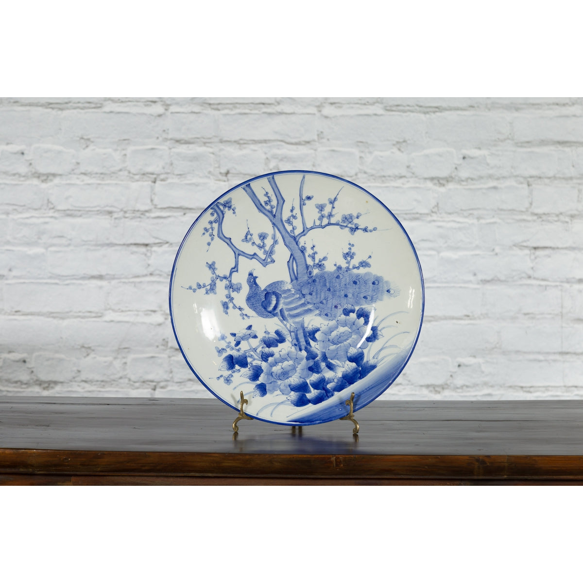 Japanese Blue and White Hand-Painted Porcelain Charger Plate with Peacock Bird-4. Asian & Chinese Furniture, Art, Antiques, Vintage Home Décor for sale at FEA Home