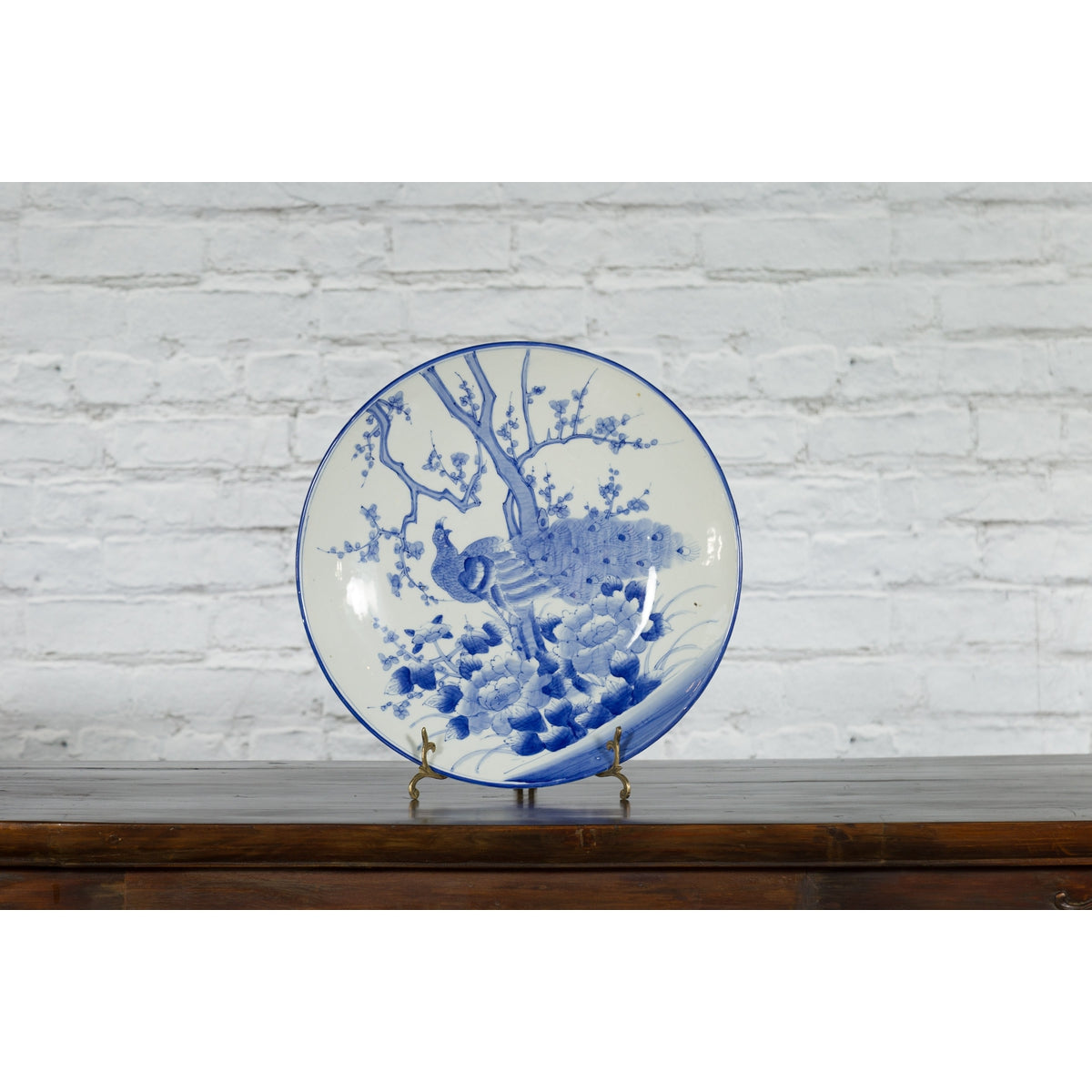 Japanese Blue and White Hand-Painted Porcelain Charger Plate with Peacock Bird-5. Asian & Chinese Furniture, Art, Antiques, Vintage Home Décor for sale at FEA Home