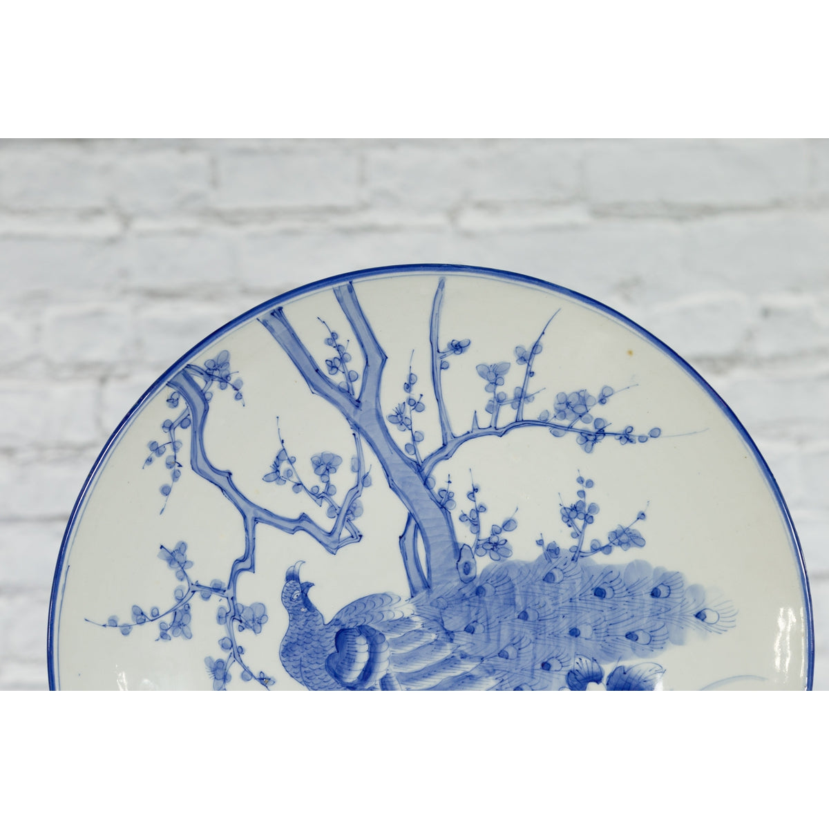 Japanese Blue and White Hand-Painted Porcelain Charger Plate with Peacock Bird-6. Asian & Chinese Furniture, Art, Antiques, Vintage Home Décor for sale at FEA Home