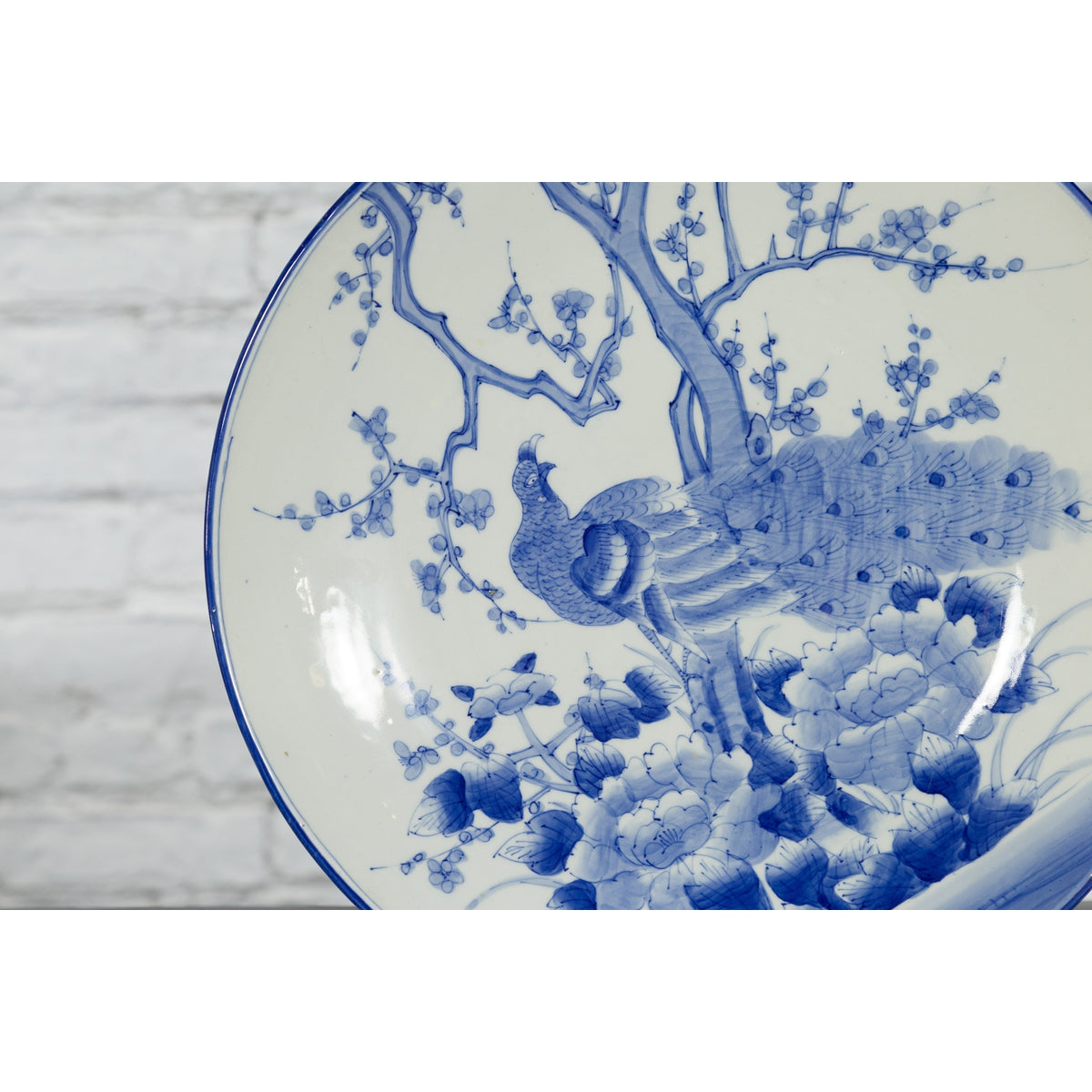 Japanese Blue and White Hand-Painted Porcelain Charger Plate with Peacock Bird-7. Asian & Chinese Furniture, Art, Antiques, Vintage Home Décor for sale at FEA Home