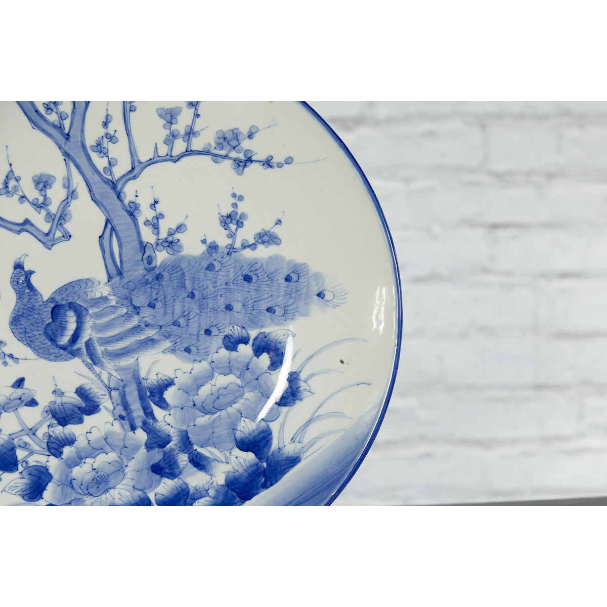 Japanese Blue and White Hand-Painted Porcelain Charger Plate with Peacock Bird-8. Asian & Chinese Furniture, Art, Antiques, Vintage Home Décor for sale at FEA Home