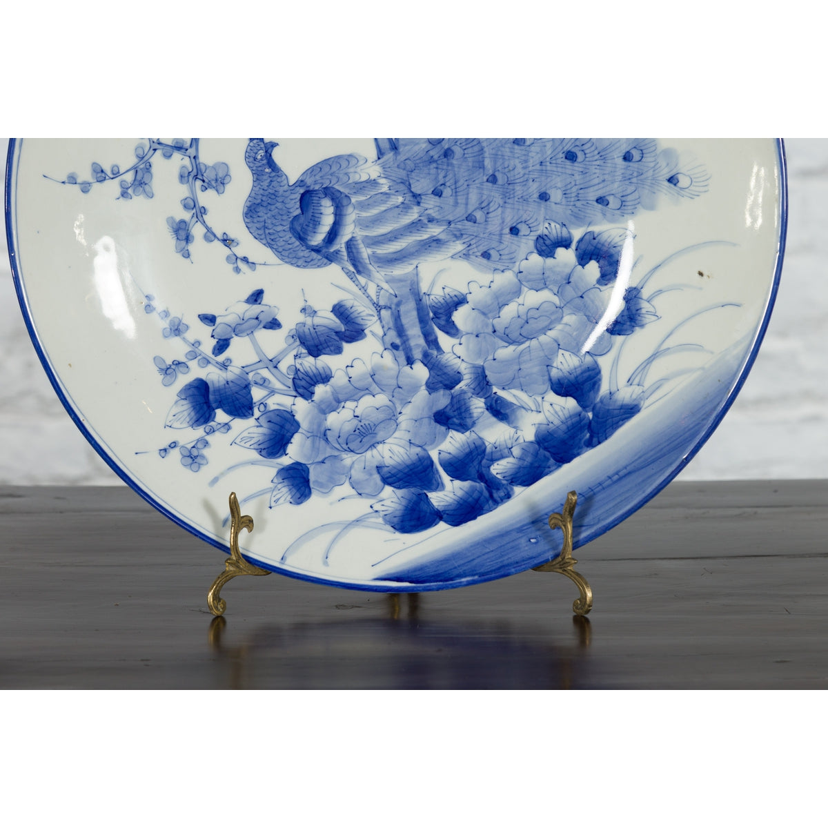 Japanese Blue and White Hand-Painted Porcelain Charger Plate with Peacock Bird-9. Asian & Chinese Furniture, Art, Antiques, Vintage Home Décor for sale at FEA Home
