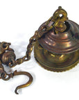 Brass Japanese temple incense burner with decorative lid and chain, 19 inches long, on white background.