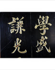 Gold Japanese calligraphy on black lacquered wall panel, brown wood frame, 24.5"x14.5", good condition.