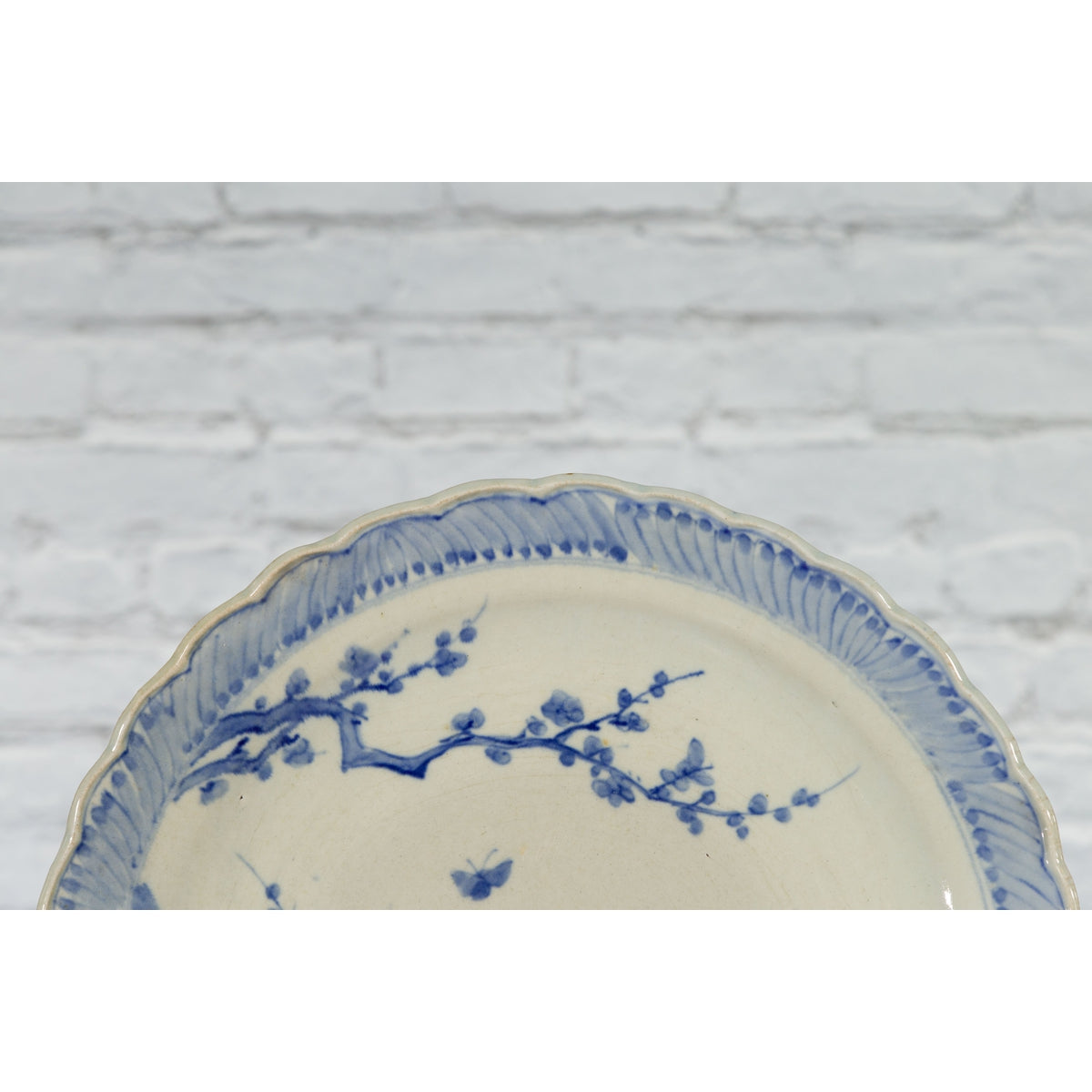 Japanese Hand-Painted Blue and White Porcelain Charger Plate with Foliage Décor-11. Asian & Chinese Furniture, Art, Antiques, Vintage Home Décor for sale at FEA Home
