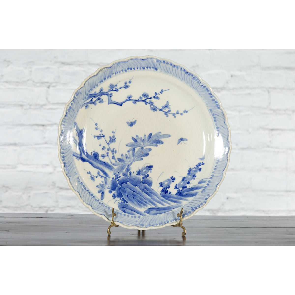Japanese Hand-Painted Blue and White Porcelain Charger Plate with Foliage Décor-16. Asian & Chinese Furniture, Art, Antiques, Vintage Home Décor for sale at FEA Home