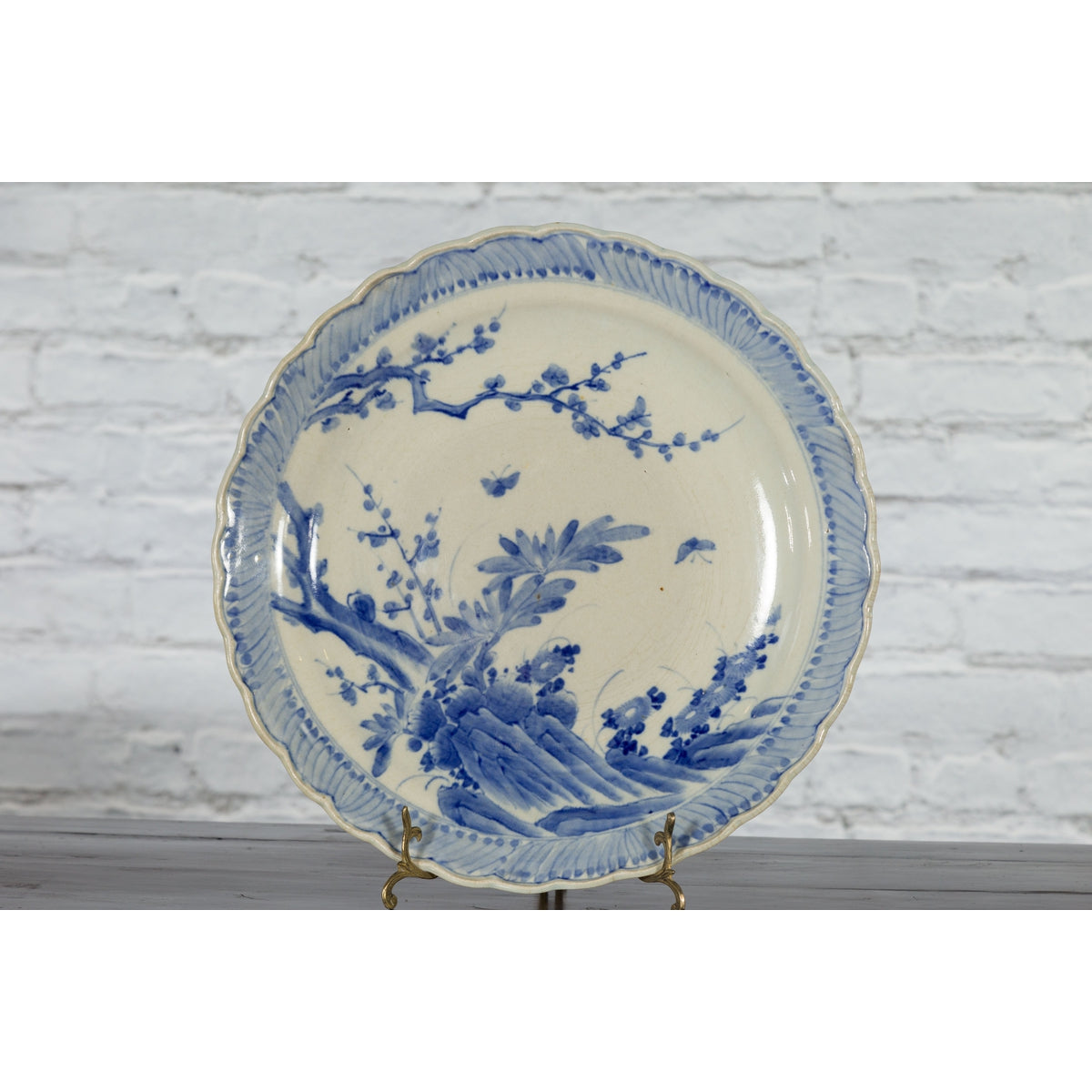 Japanese Hand-Painted Blue and White Porcelain Charger Plate with Foliage Décor-17. Asian & Chinese Furniture, Art, Antiques, Vintage Home Décor for sale at FEA Home