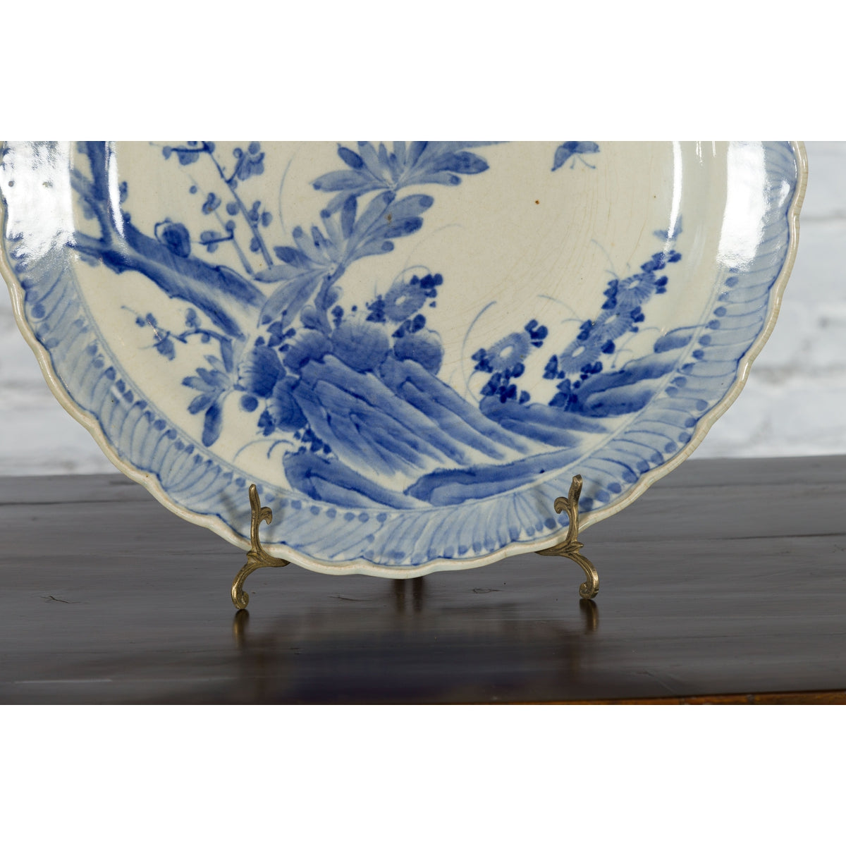 Japanese Hand-Painted Blue and White Porcelain Charger Plate with Foliage Décor-4. Asian & Chinese Furniture, Art, Antiques, Vintage Home Décor for sale at FEA Home
