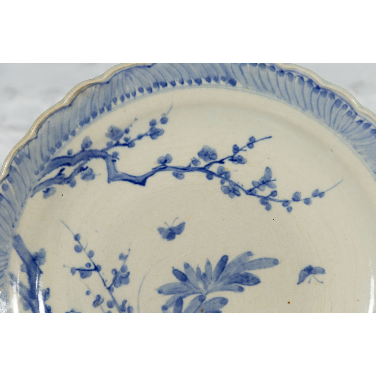 Japanese Hand-Painted Blue and White Porcelain Charger Plate with Foliage Décor-7. Asian & Chinese Furniture, Art, Antiques, Vintage Home Décor for sale at FEA Home