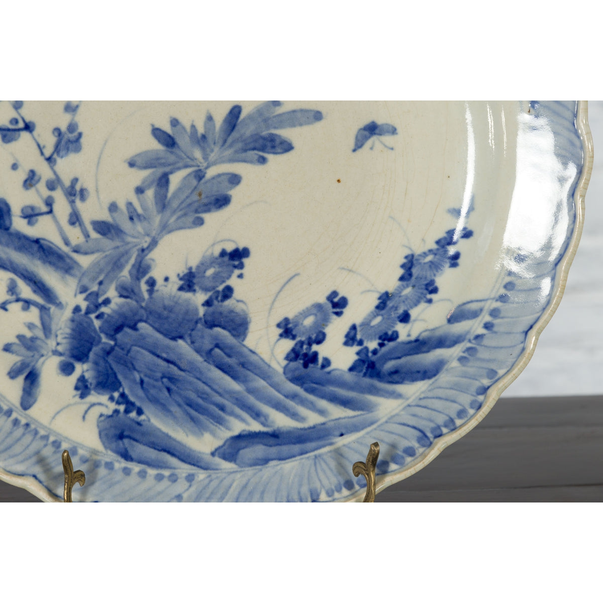 Japanese Hand-Painted Blue and White Porcelain Charger Plate with Foliage Décor-8. Asian & Chinese Furniture, Art, Antiques, Vintage Home Décor for sale at FEA Home