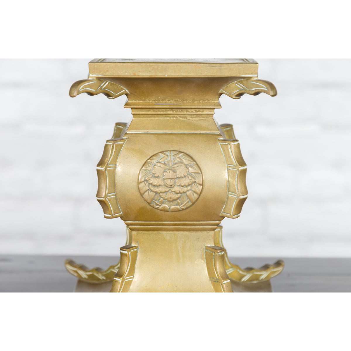 Japanese Meiji Period Brass Candle Holder with Scrolls and Medallions-11. Asian & Chinese Furniture, Art, Antiques, Vintage Home Décor for sale at FEA Home