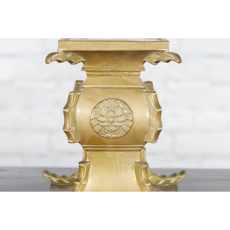 Japanese Meiji Period Brass Candle Holder with Scrolls and Medallions-YN3636-11. Asian & Chinese Furniture, Art, Antiques, Vintage Home Décor for sale at FEA Home