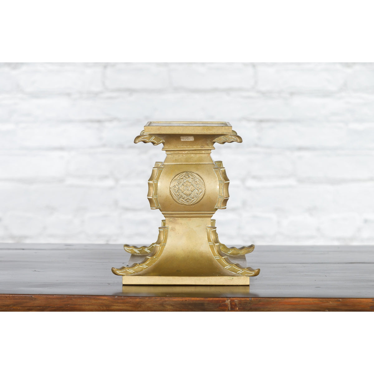 Japanese Meiji Period Brass Candle Holder with Scrolls and Medallions-12. Asian & Chinese Furniture, Art, Antiques, Vintage Home Décor for sale at FEA Home