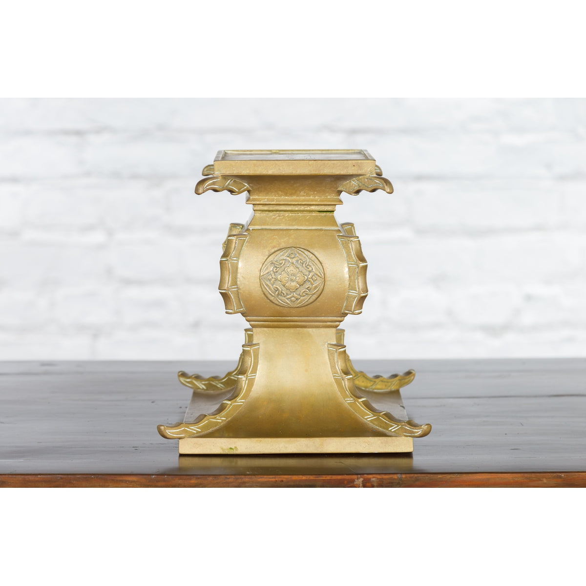 Japanese Meiji Period Brass Candle Holder with Scrolls and Medallions-13. Asian & Chinese Furniture, Art, Antiques, Vintage Home Décor for sale at FEA Home