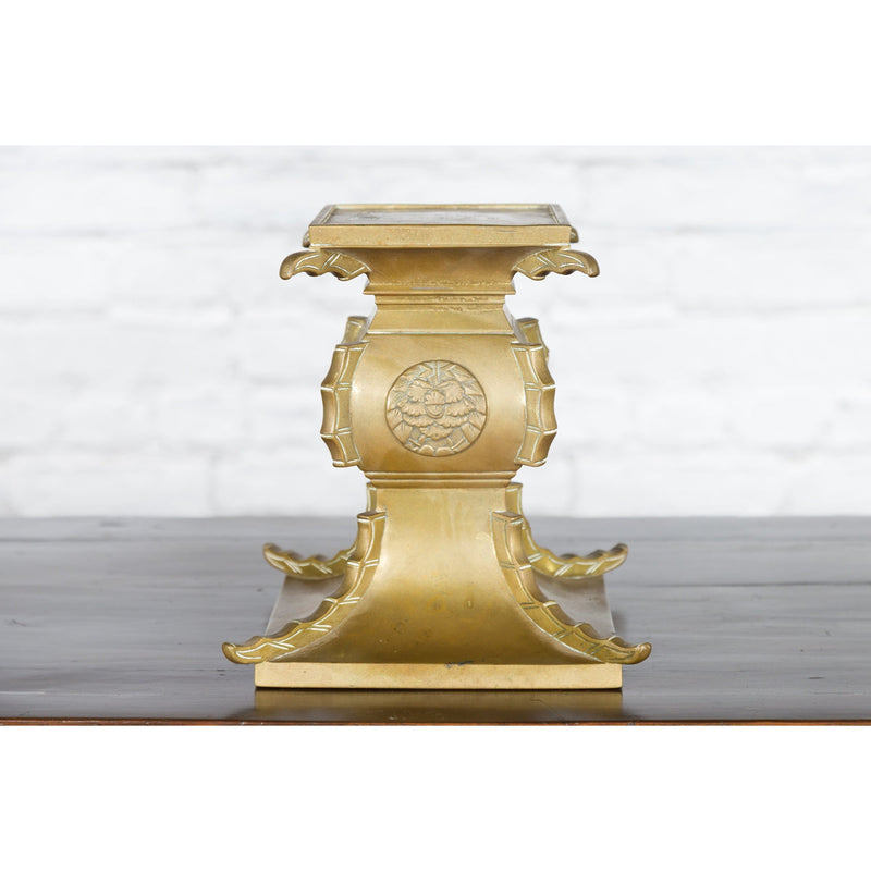 Japanese Meiji Period Brass Candle Holder with Scrolls and Medallions-YN3636-14. Asian & Chinese Furniture, Art, Antiques, Vintage Home Décor for sale at FEA Home