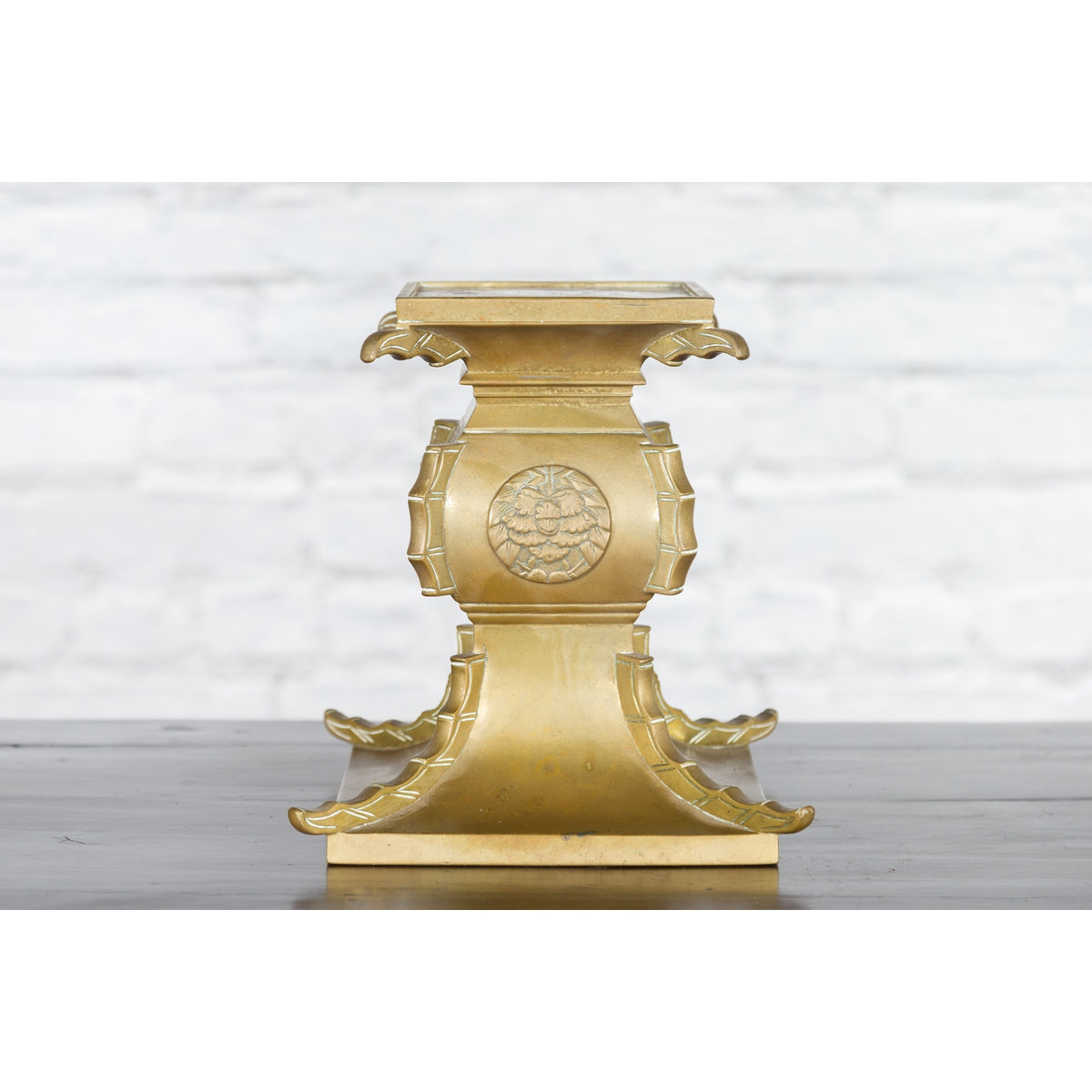 Japanese Meiji Period Brass Candle Holder with Scrolls and Medallions-3. Asian & Chinese Furniture, Art, Antiques, Vintage Home Décor for sale at FEA Home