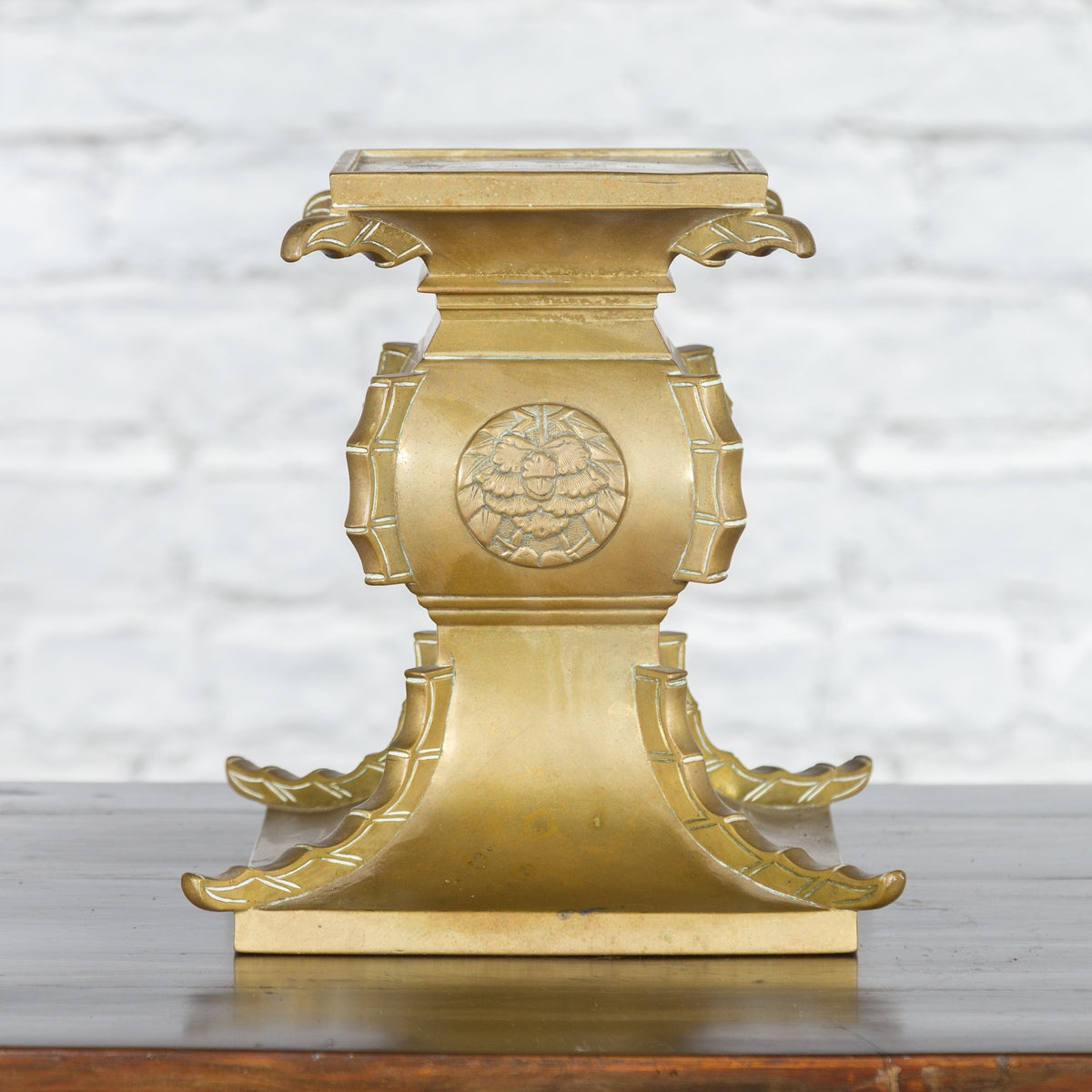 Japanese Meiji Period Brass Candle Holder with Scrolls and Medallions-6. Asian & Chinese Furniture, Art, Antiques, Vintage Home Décor for sale at FEA Home
