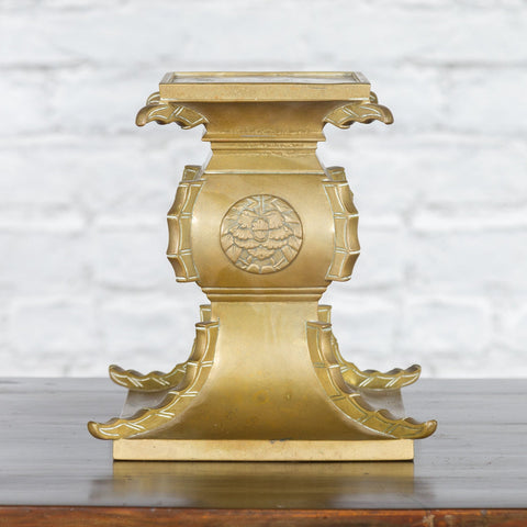 Japanese Meiji Period Brass Candle Holder with Scrolls and Medallions-YN3636-7. Asian & Chinese Furniture, Art, Antiques, Vintage Home Décor for sale at FEA Home