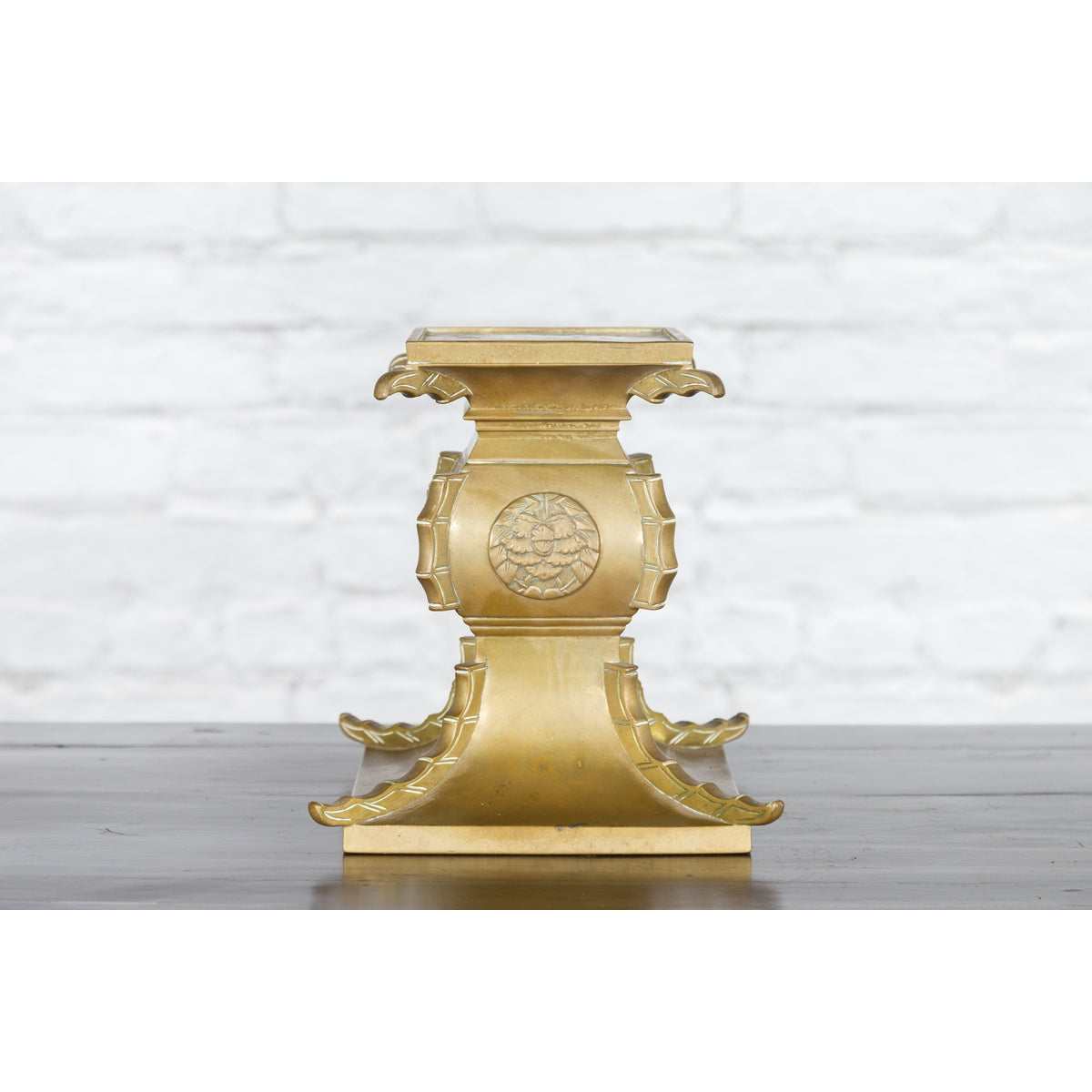 Japanese Meiji Period Brass Candle Holder with Scrolls and Medallions-8. Asian & Chinese Furniture, Art, Antiques, Vintage Home Décor for sale at FEA Home