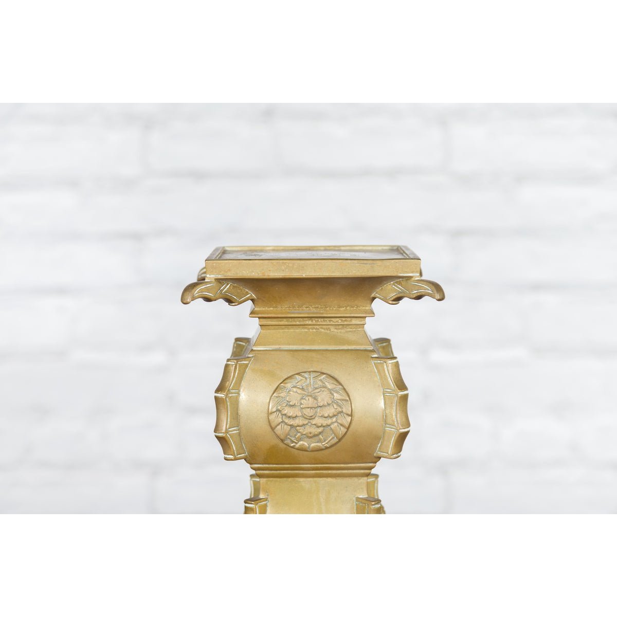 Japanese Meiji Period Brass Candle Holder with Scrolls and Medallions-9. Asian & Chinese Furniture, Art, Antiques, Vintage Home Décor for sale at FEA Home