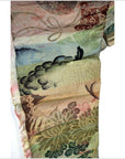 Close-up of pastel and earthy toned silk sash with intricate floral embroidery, Japanese fabric detail.