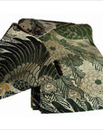 Green and cream Japanese silk sash with floral and bird patterns, displayed in assorted sizes and styles.