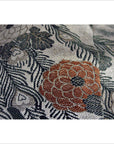 Close-up of orange and black floral Japanese silk sash, in excellent condition, various sizes displayed.