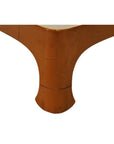 Close-up of brown lacquered bamboo tea tray leg with cracks near the base, on white background.