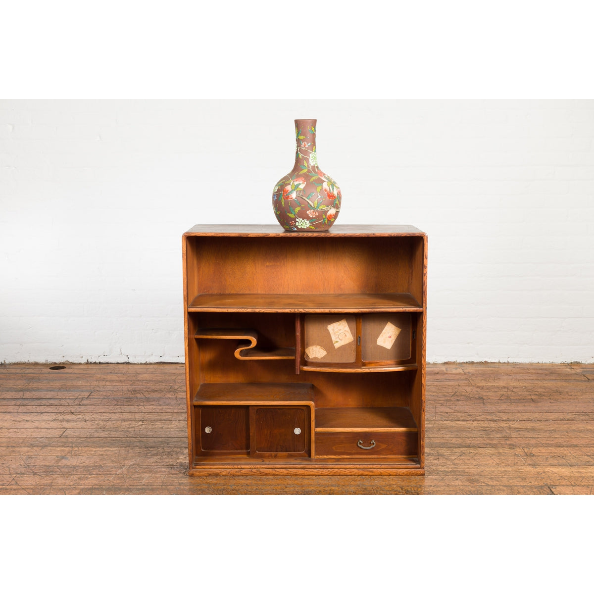 Japanese Taishō Period Open Bookshelf Sliding Doors, Curvy Shelf and Drawer-14. Asian & Chinese Furniture, Art, Antiques, Vintage Home Décor for sale at FEA Home