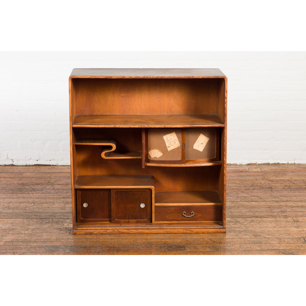 Japanese Taishō Period Open Bookshelf Sliding Doors, Curvy Shelf and Drawer-2. Asian & Chinese Furniture, Art, Antiques, Vintage Home Décor for sale at FEA Home