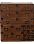 Dark wood Japanese Taishō Tansu Isho-Dansu chest with six drawers, black metal handles, locking safe cabinet front view.