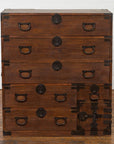 Wooden Japanese Taishō Isho-dansu tansu chest with black metal fittings, six drawers, and a safe, front view.