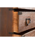 Close-up of dark wood Japanese Taishō Tansu Isho-Dansu chest with six drawers, metal handles, and visible wood grain.