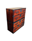 Brown Keyaki wood Japanese Isho-Dansu clothing chest with metal handles and multiple stacked drawers.