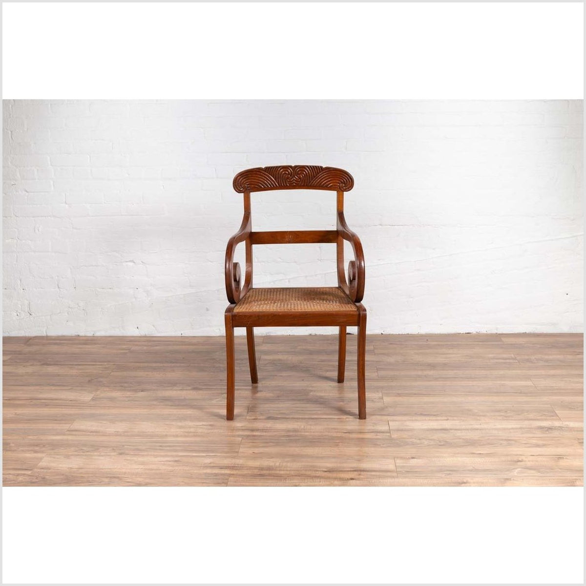 Javanese Antique Armchair with Carved Rail, Woven Rattan Seat and Curving Arms-5. Asian & Chinese Furniture, Art, Antiques, Vintage Home Décor for sale at FEA Home