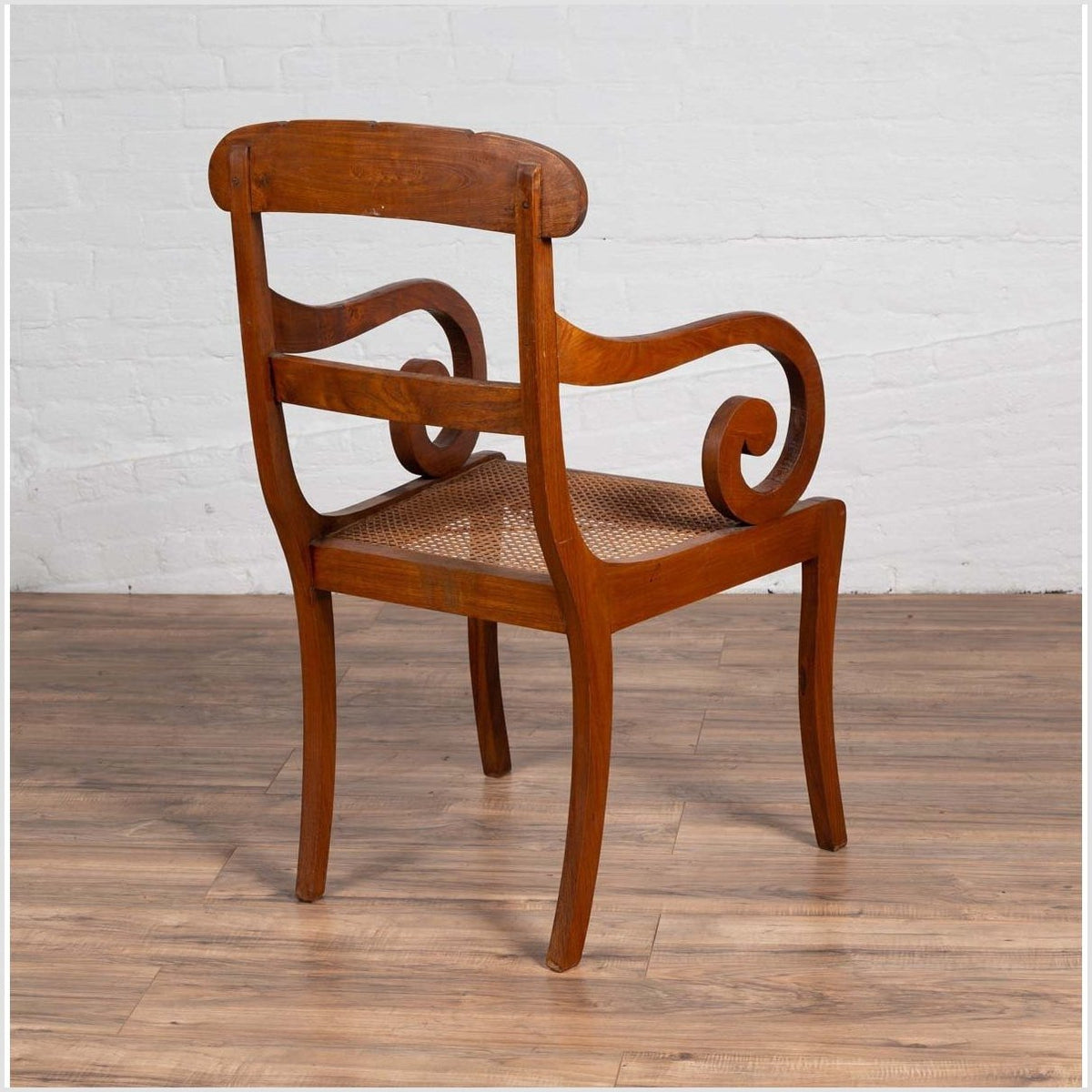 Javanese Antique Armchair with Carved Rail, Woven Rattan Seat and Curving Arms-10. Asian & Chinese Furniture, Art, Antiques, Vintage Home Décor for sale at FEA Home