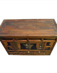 Brown wood antique Korean chest with brass butterfly hardware, rectangular top, 19th century, top view.