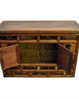 Dark wood Korean chest, 19th century, with butterfly brass hardware and two doors, visible aged wood texture inside.