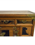 Brown wood Korean chest with butterfly brass hardware, brass-corner accents, and drawers, antique 19th century.