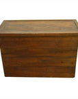 Brown wood chest with butterfly pattern brass hardware, rectangular shape and flat lid, on white background.